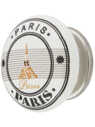 White Porcelain Paris Eiffel Tower Cabinet Knob with Brass Base in Polished Nickel.